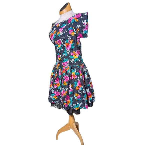 Vtg 1980s Byer Too Black Colorful Floral Off the Shoulder Drop Waist Dress Sz 8 - Picture 1 of 5